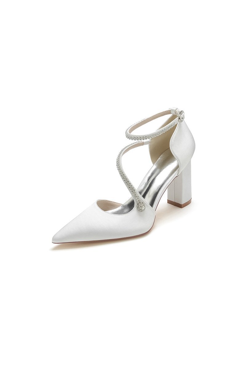 White Satin Pump with Cross - Strap and Beaded Buckle - BOLODOO