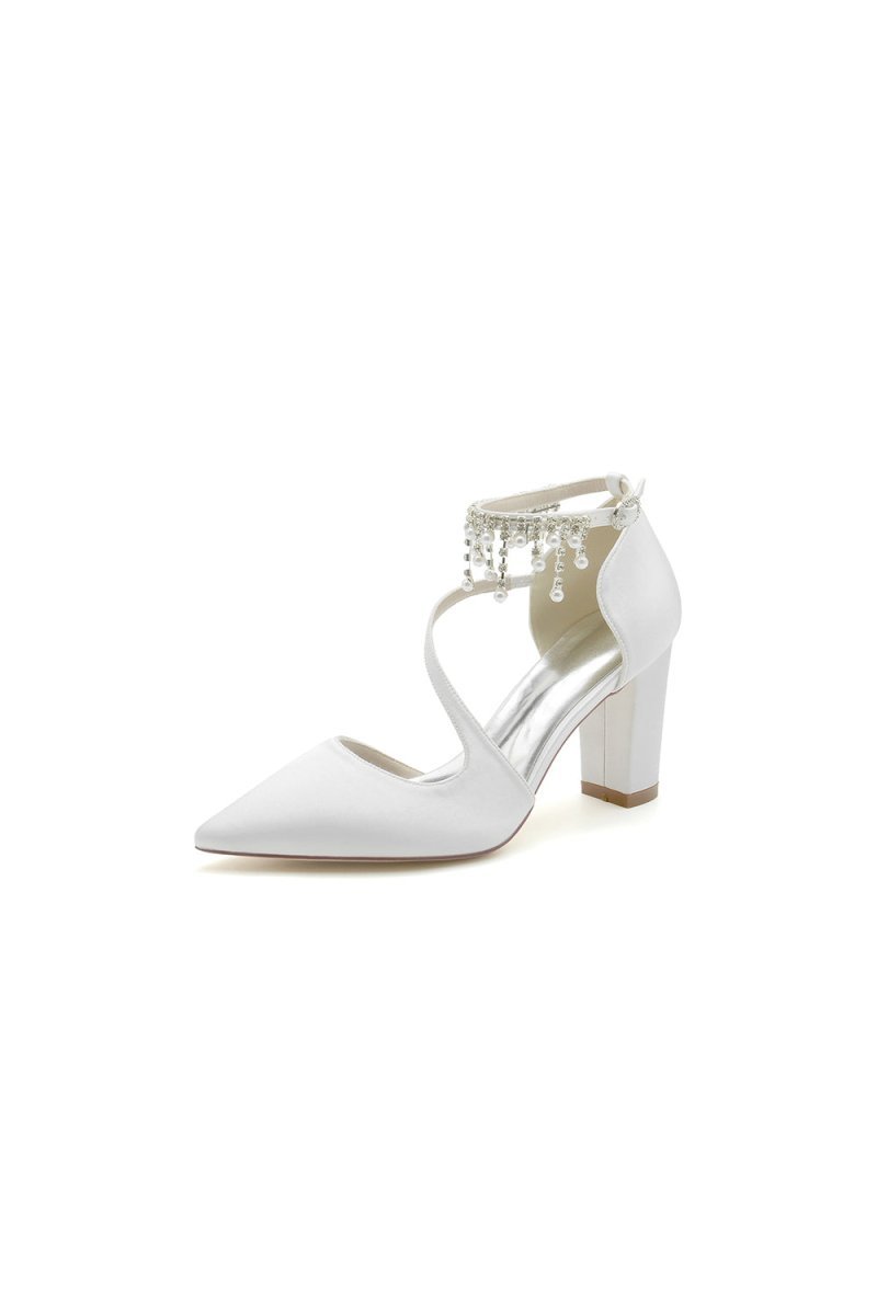White Satin Pump with Pearl - Embedded Chain Heel - BOLODOO
