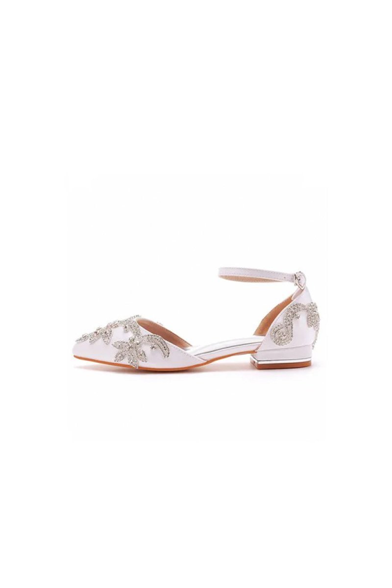 White Satin Rhinestone Flowers Pointed Toe Ankle Strap Chunky Heels - BOLODOO