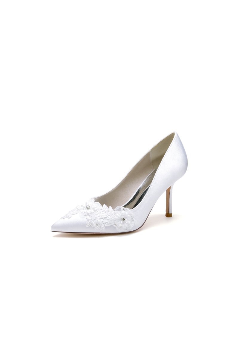 White Wedding Shoes Stiletto Heel Satin With Lace - BOLODOO