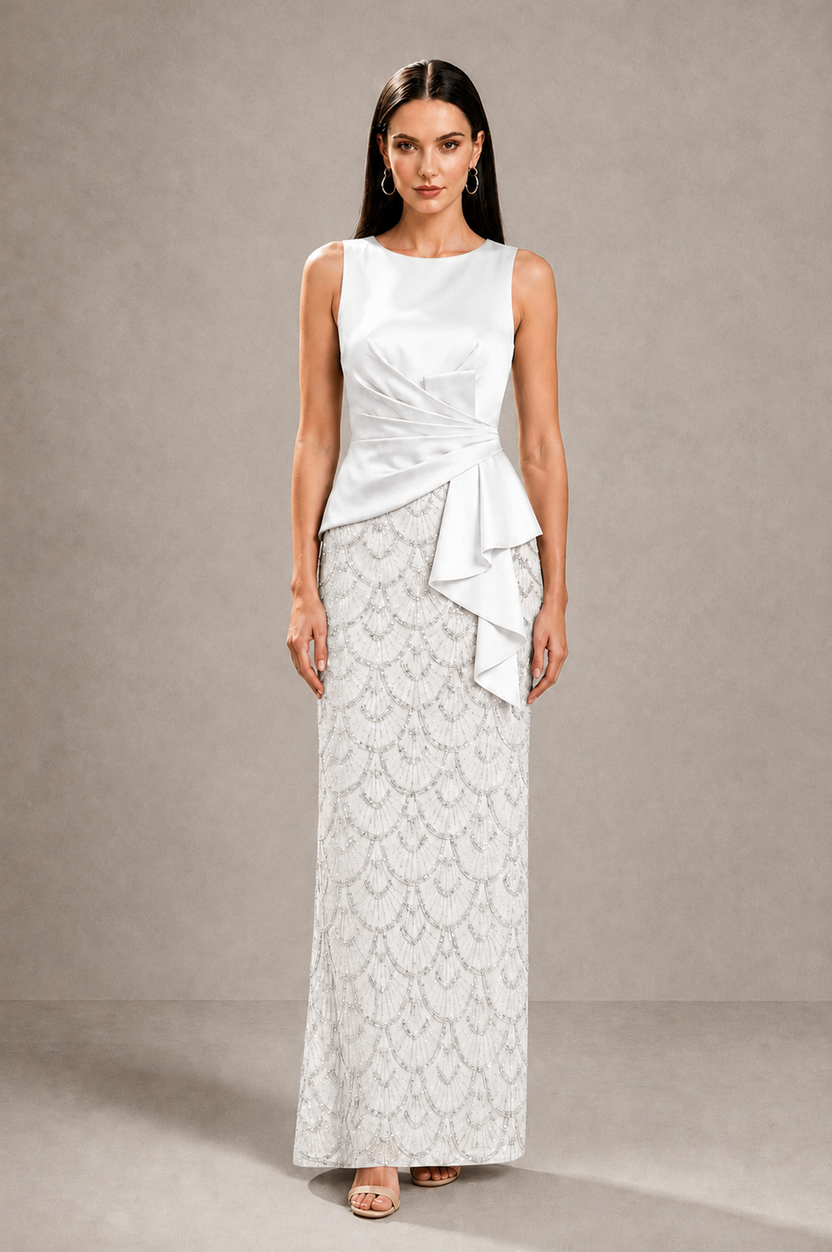 BOLODOO white Sleeveless Satin & Lace Peplum Evening Dress - white - white_1
