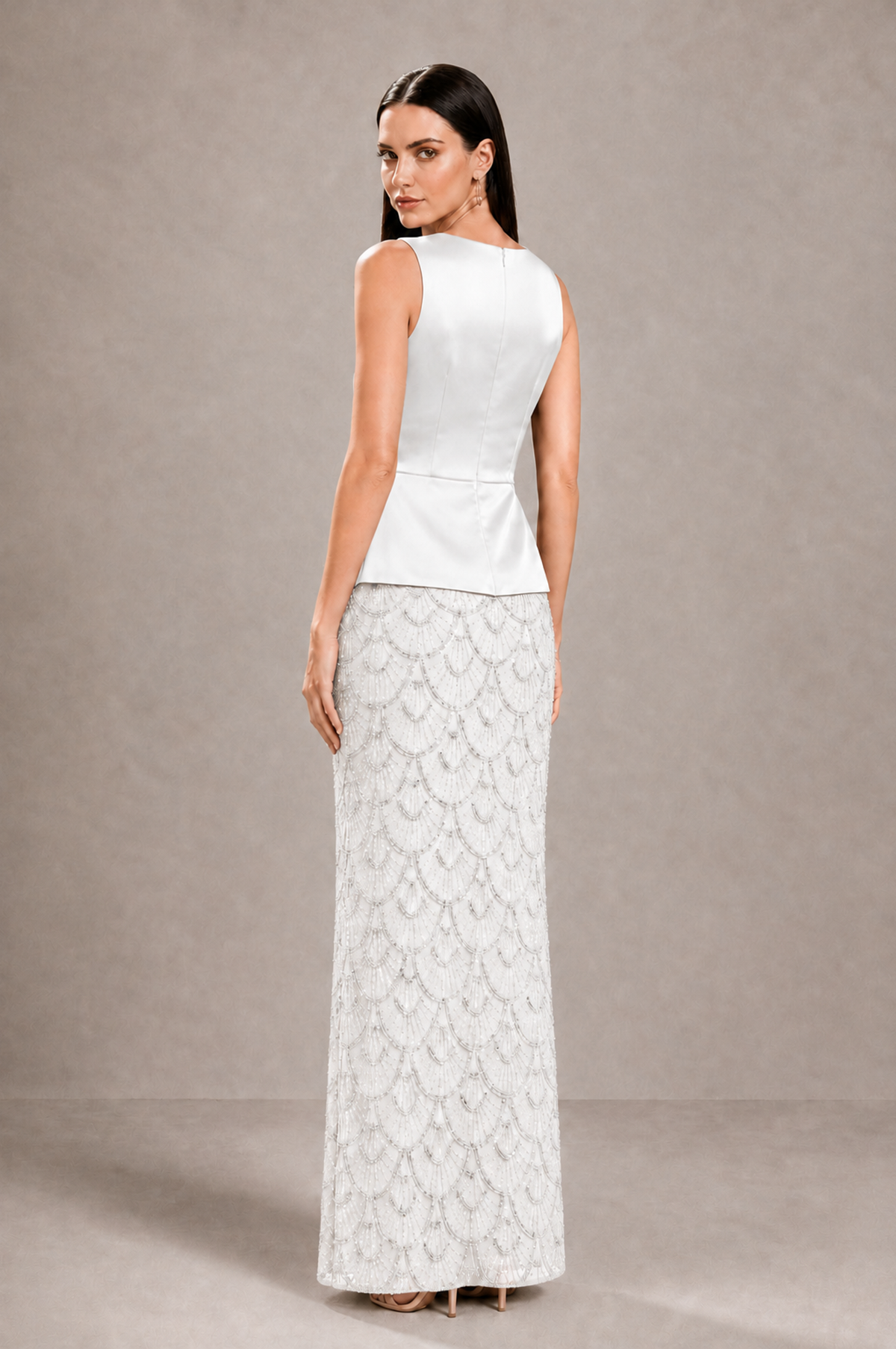 BOLODOO white Sleeveless Satin & Lace Peplum Evening Dress - white - white_2
