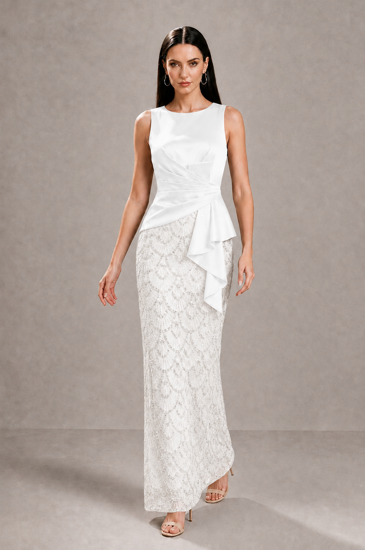 BOLODOO white Sleeveless Satin & Lace Peplum Evening Dress - white - white_3