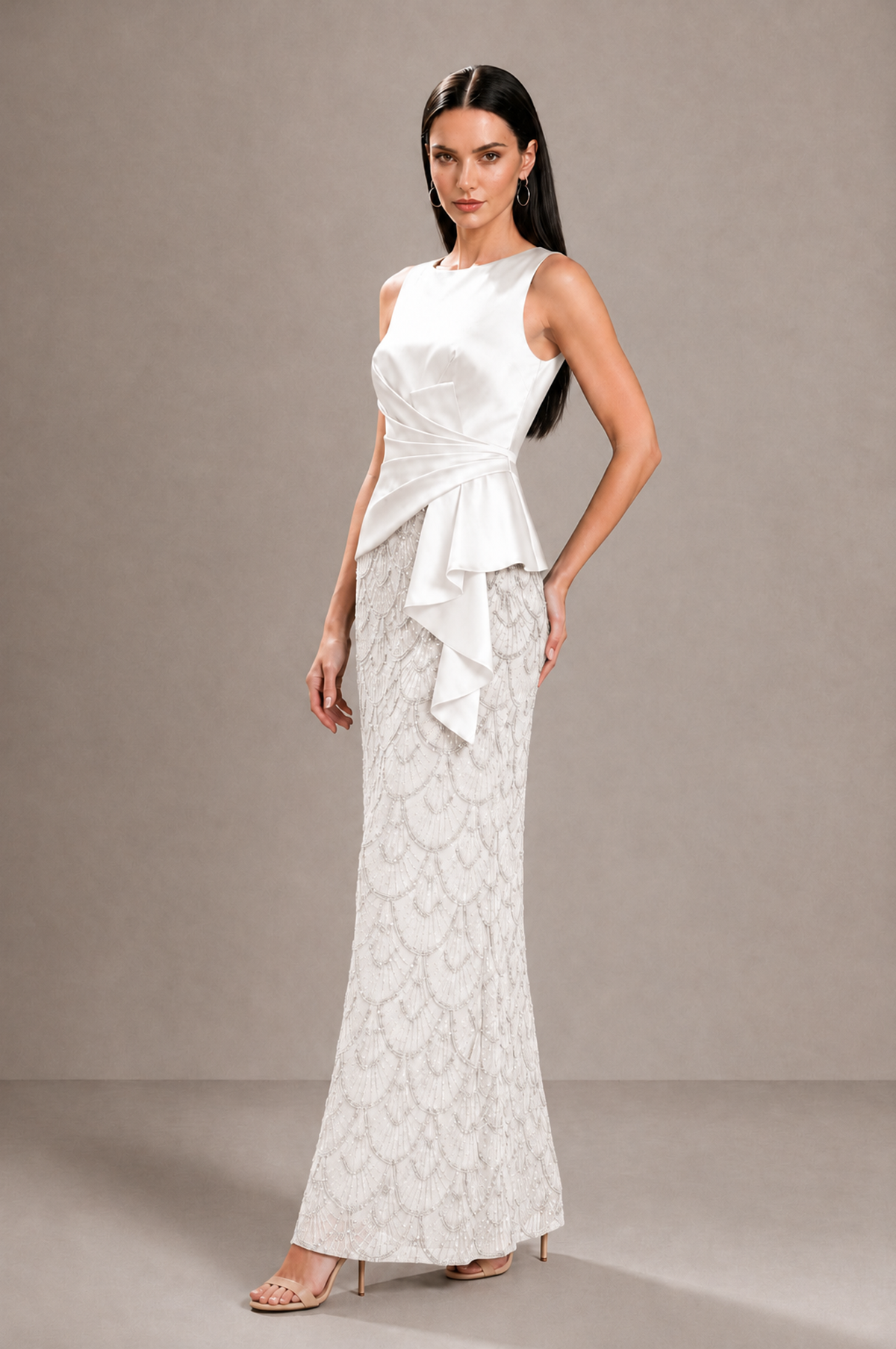 BOLODOO white Sleeveless Satin & Lace Peplum Evening Dress - white - white_4