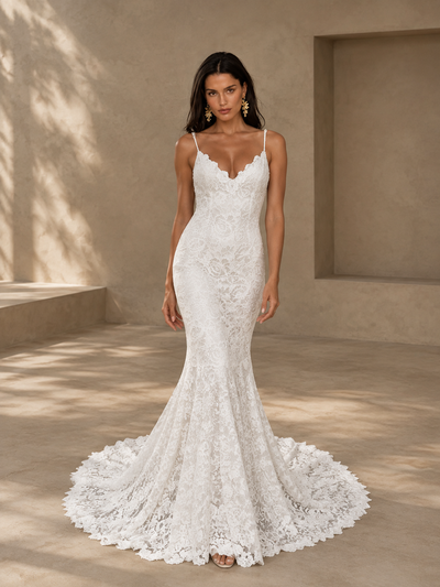 BOLODOO White Lace Mermaid Wedding Dress with Open Back and Train 