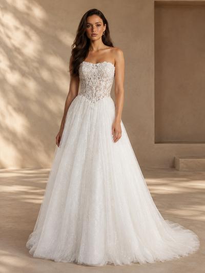 BOLODOO White Strapless Lace A-Line Wedding Dress with Tulle Train 