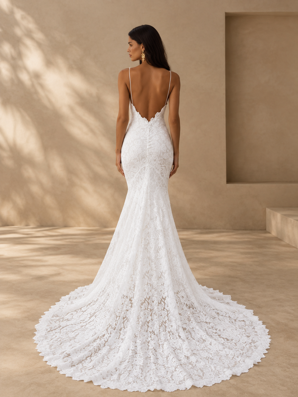 BOLODOO White Lace Mermaid Wedding Dress with Open Back and Train 