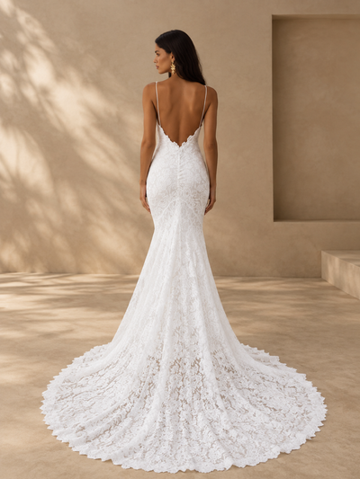 BOLODOO White Lace Mermaid Wedding Dress with Open Back and Train 