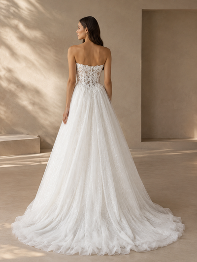BOLODOO White Strapless Lace A-Line Wedding Dress with Tulle Train 