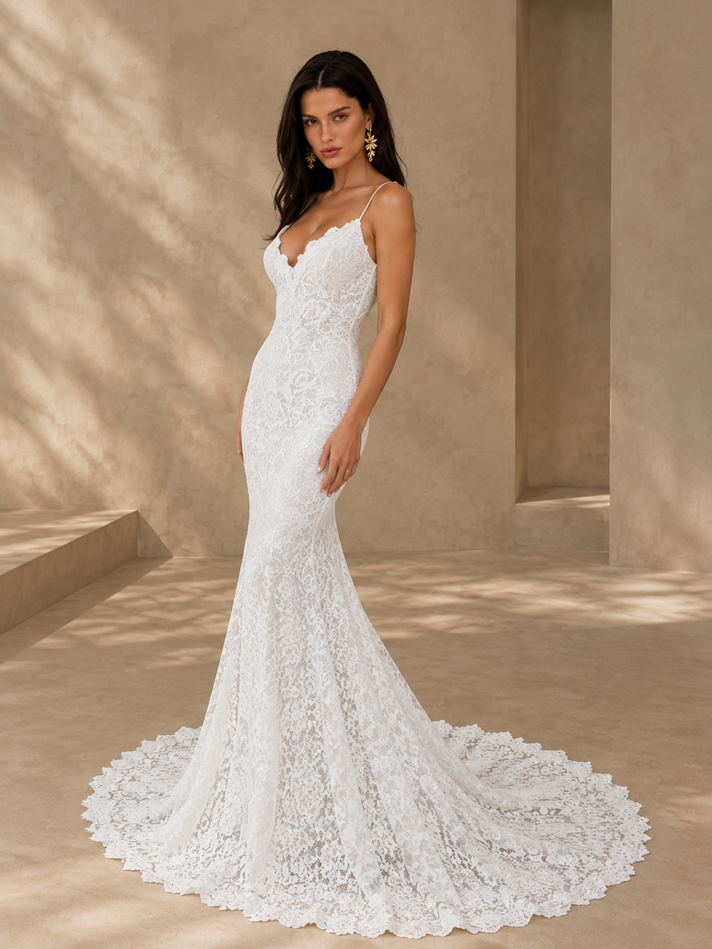 BOLODOO White Lace Mermaid Wedding Dress with Open Back and Train 
