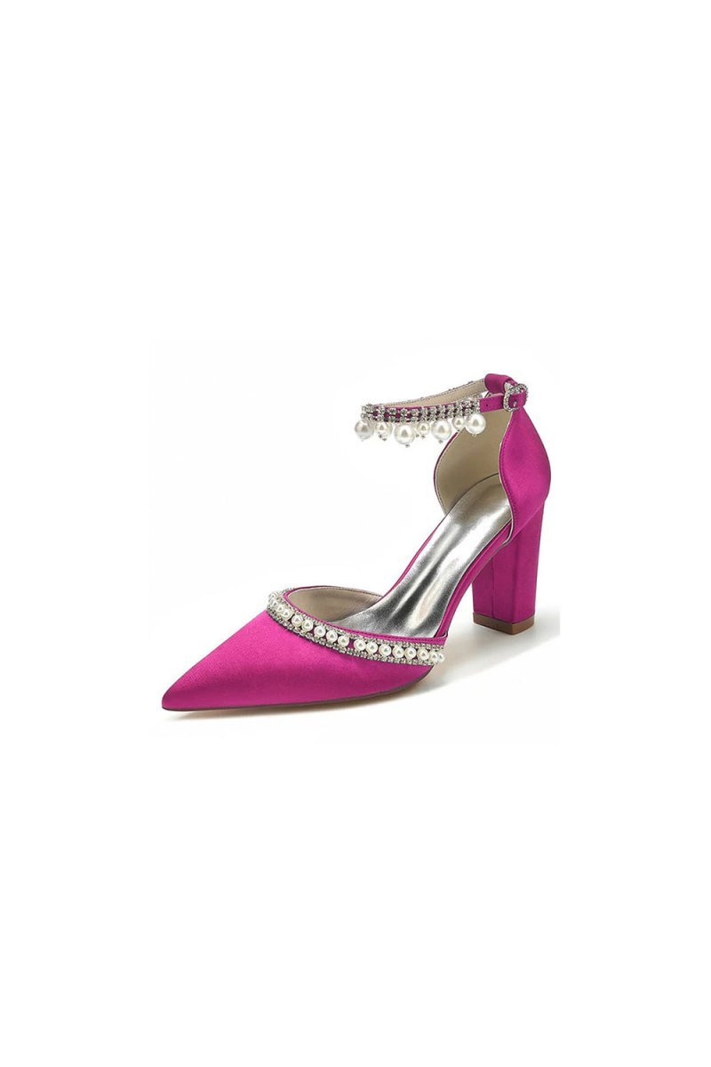 Women's Wedding Shoes Satin Block Heel Pearl Rhinestone Tassel Wedding Shoes - BOLODOO