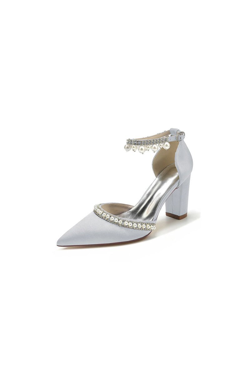 Women's Wedding Shoes Satin Block Heel Pearl Rhinestone Tassel Wedding Shoes - BOLODOO