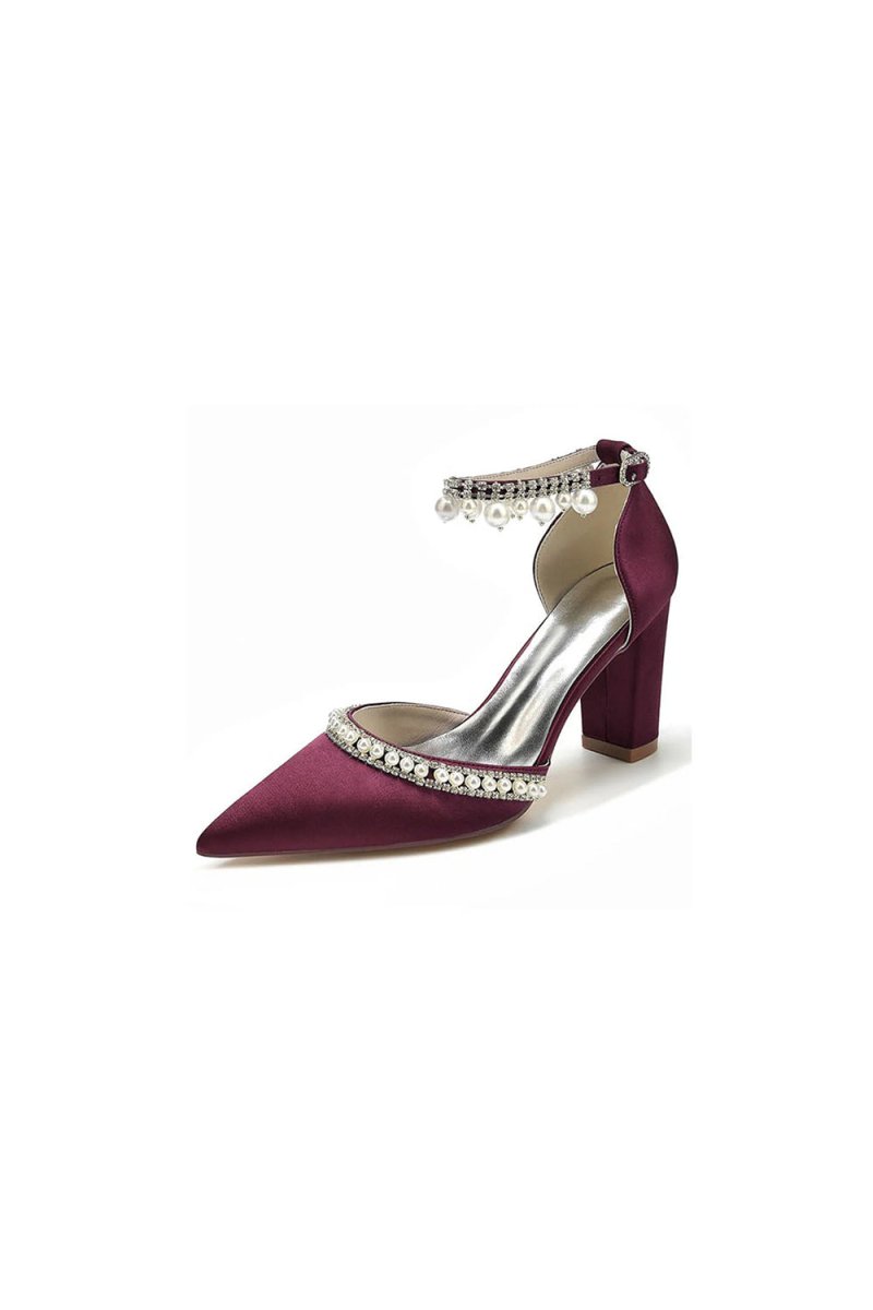 Women's Wedding Shoes Satin Block Heel Pearl Rhinestone Tassel Wedding Shoes - BOLODOO