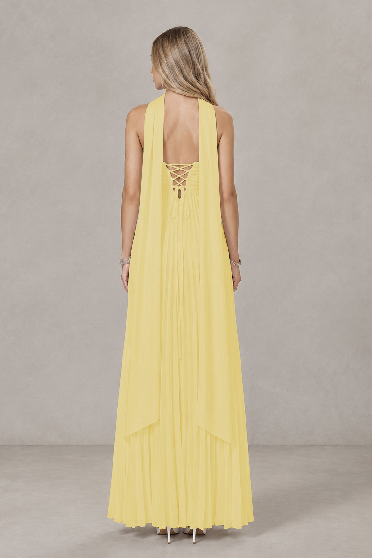 BOLODOO yellow Strapless Chiffon-Look Maxi Dress with Lace-Up Back & Cape - yellow