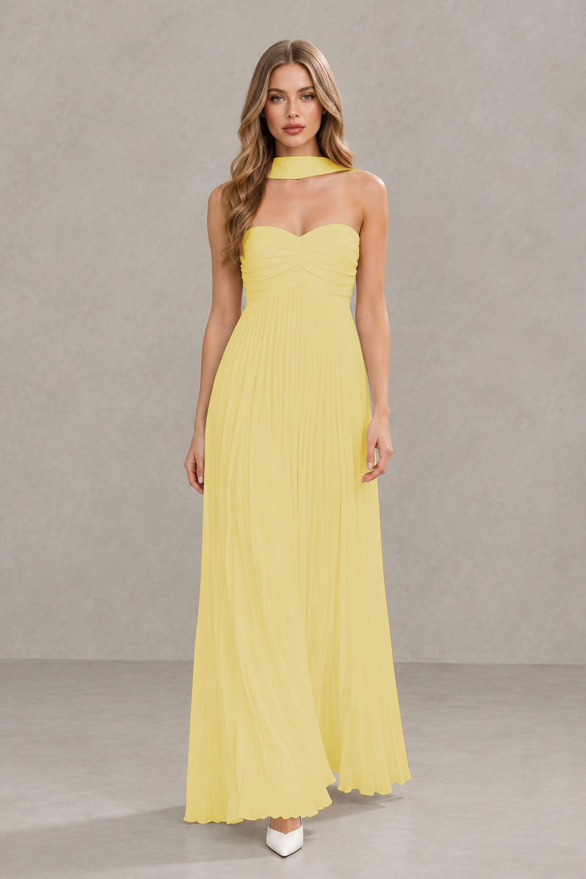 BOLODOO yellow Strapless Chiffon-Look Maxi Dress with Lace-Up Back & Cape - yellow