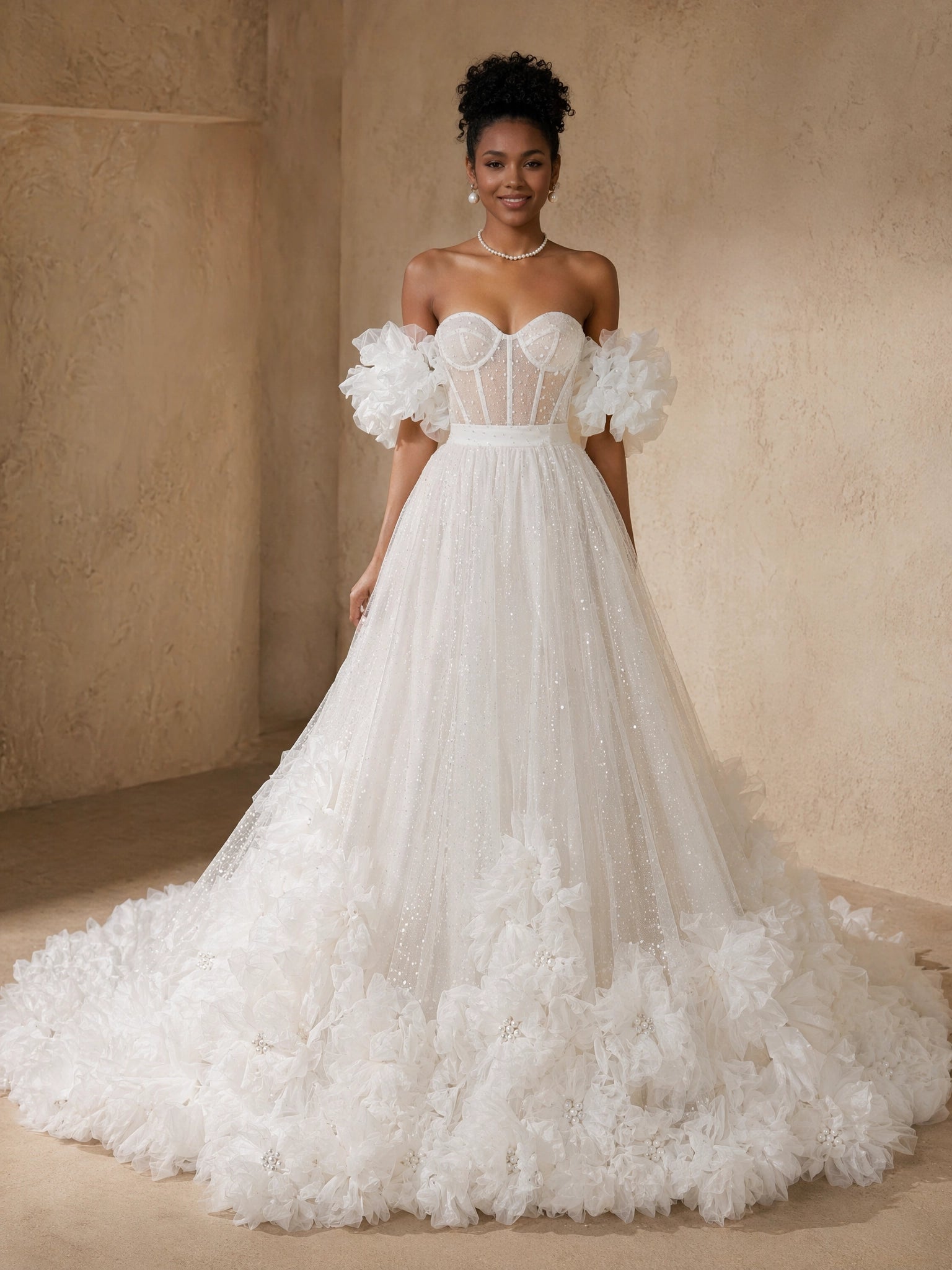BOLODOO White Off-Shoulder Sheer Boned Corset Puff Sleeve 3D Floral Glitter Tulle Ball Gown - full front view with cathedral train