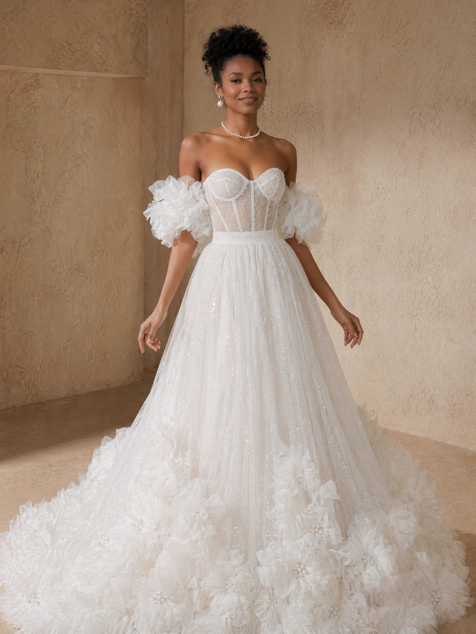 BOLODOO White Off-Shoulder Sheer Boned Corset Puff Sleeve 3D Floral Glitter Tulle Ball Gown - front view 2 with puff sleeves and train