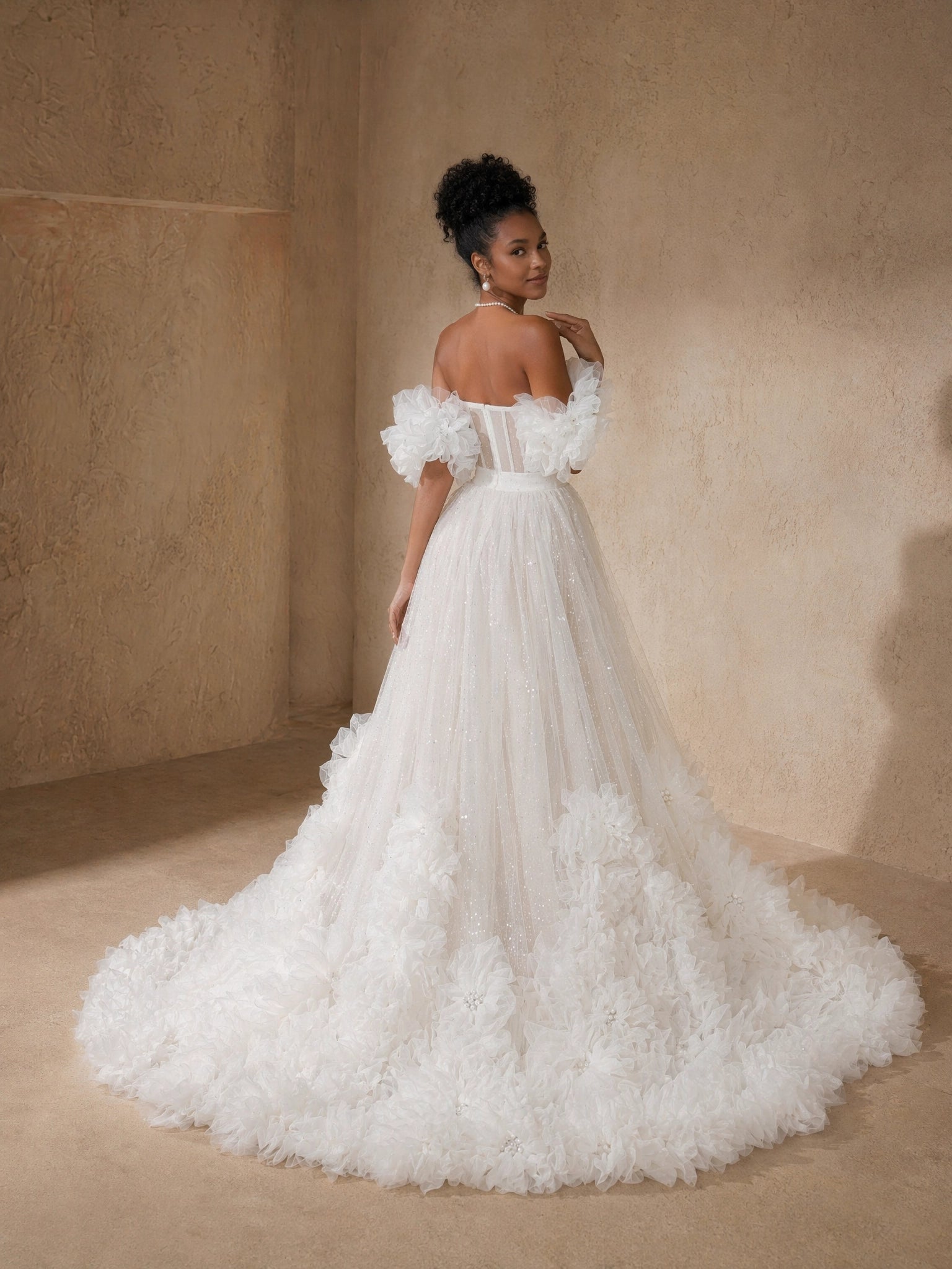 BOLODOO White Off-Shoulder Sheer Boned Corset Puff Sleeve 3D Floral Glitter Tulle Ball Gown - back view with sweeping cathedral train