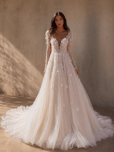 BOLODOO Ivory Deep V-Neck Sheer Long Sleeve 3D Floral Glitter Tulle A-Line Wedding Gown - full front view with cathedral train