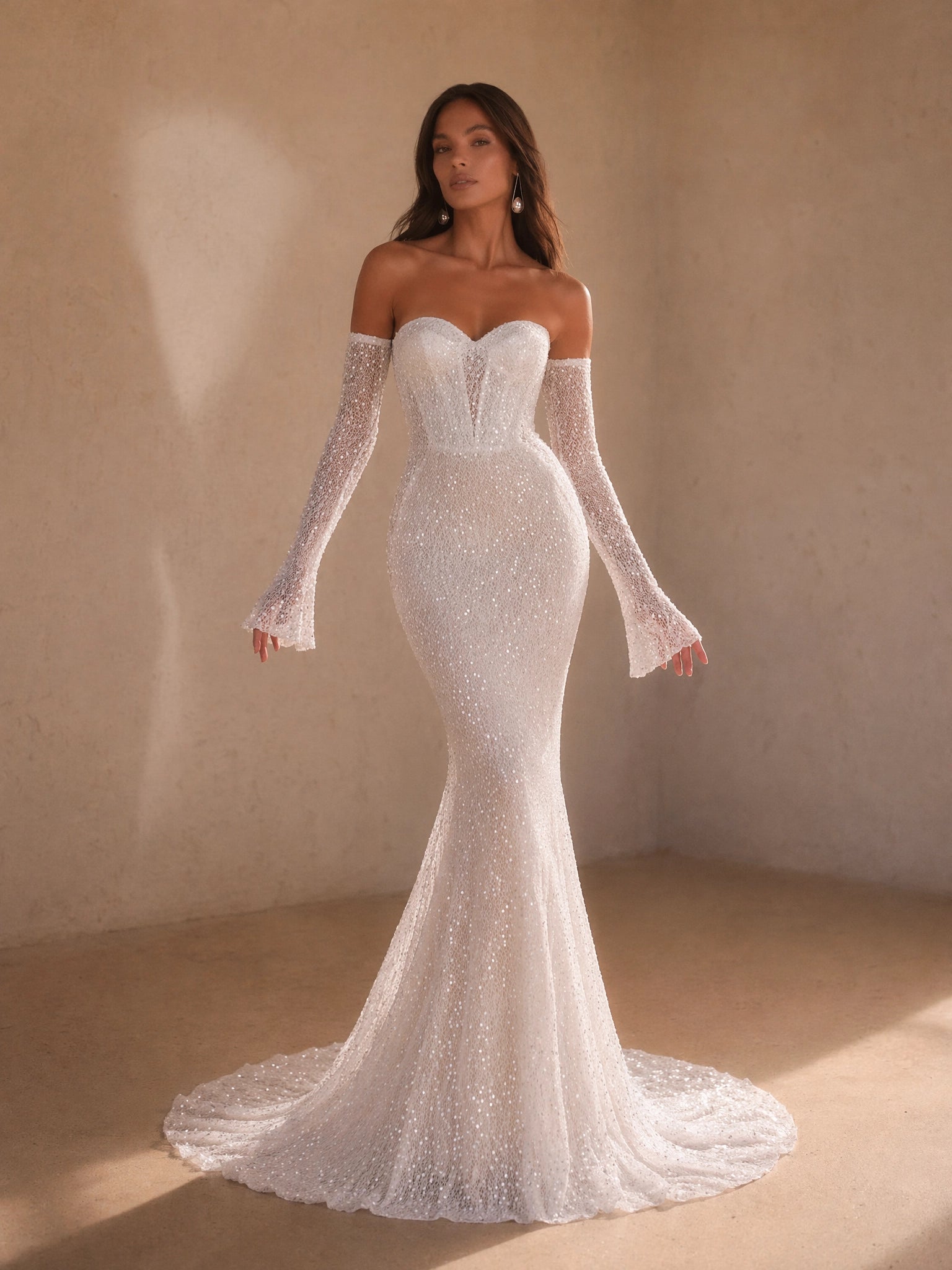BOLODOO White All-Over Sequin Beaded Boned Corset Mermaid Wedding Gown - bodice close-up sequin beading and bell sleeve detail