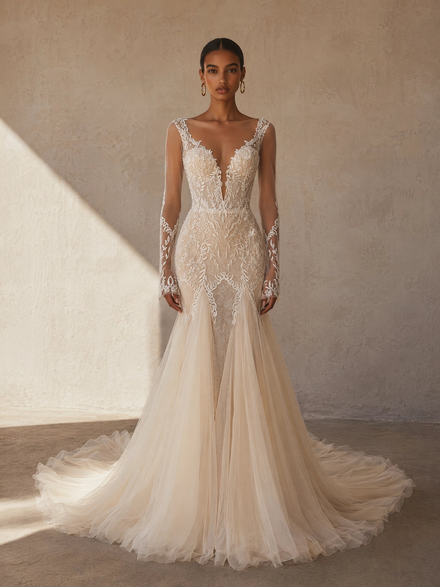 BOLODOO Champagne Deep V-Neck Sheer Long Sleeve Leaf Lace Embroidered Mermaid Wedding Gown - full front view with tulle flare skirt