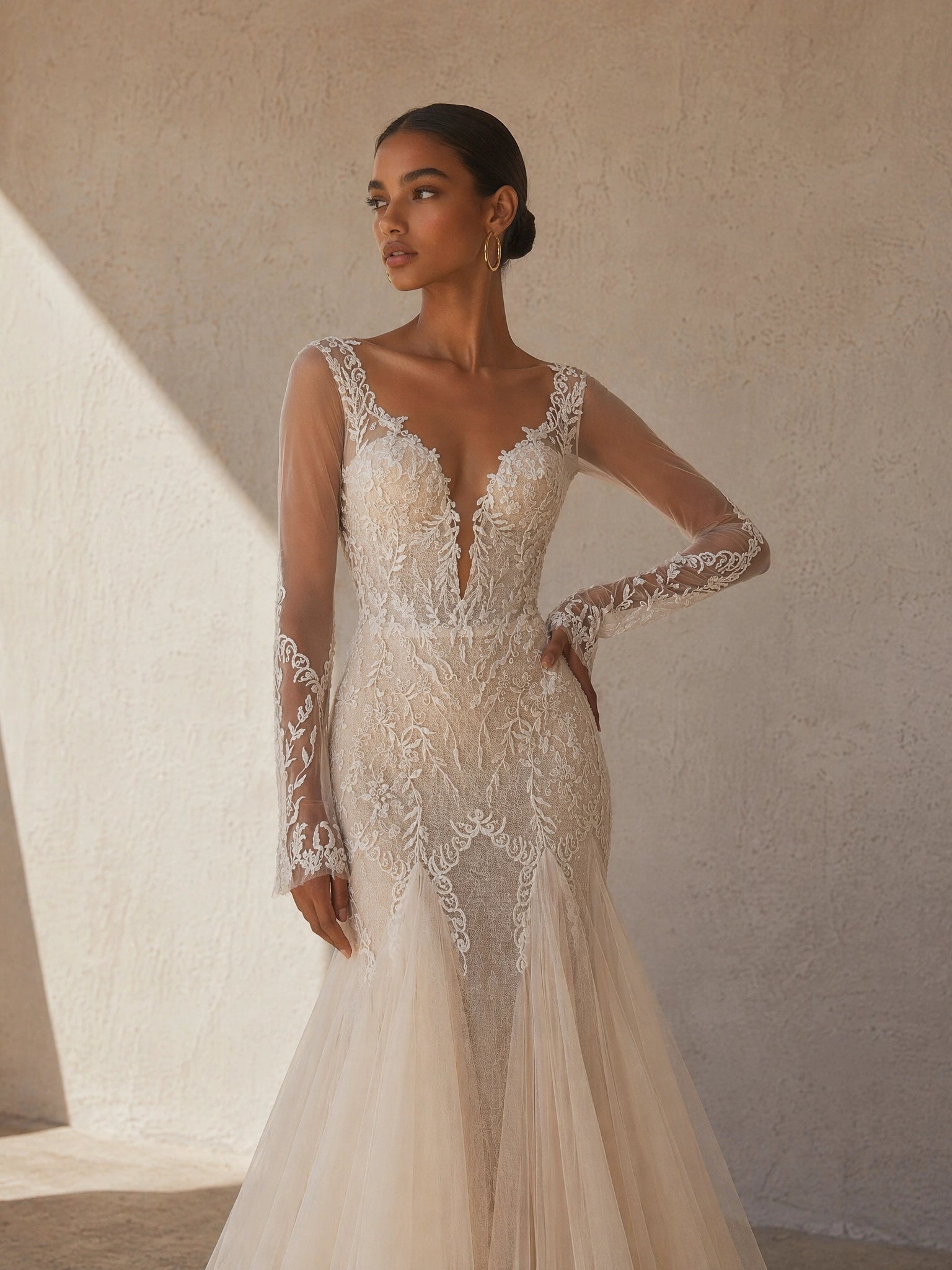 BOLODOO Champagne Deep V-Neck Sheer Long Sleeve Leaf Lace Embroidered Mermaid Wedding Gown - bodice close-up deep V neckline and lace sleeve detail