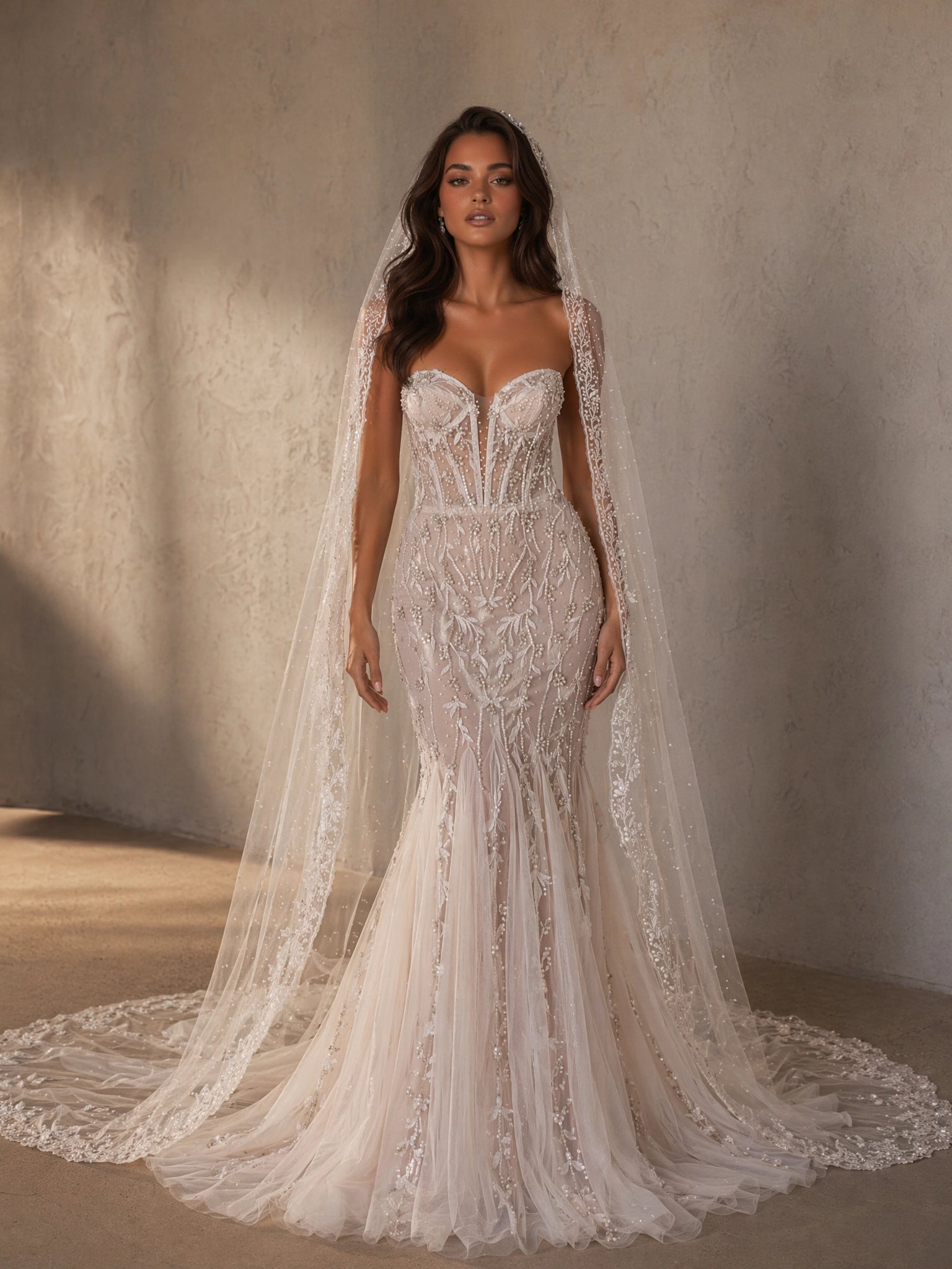 BOLODOO Ivory Branch Crystal Beaded Sheer Boned Corset Mermaid Wedding Gown - full front view with glitter tulle cape and bodice close-up