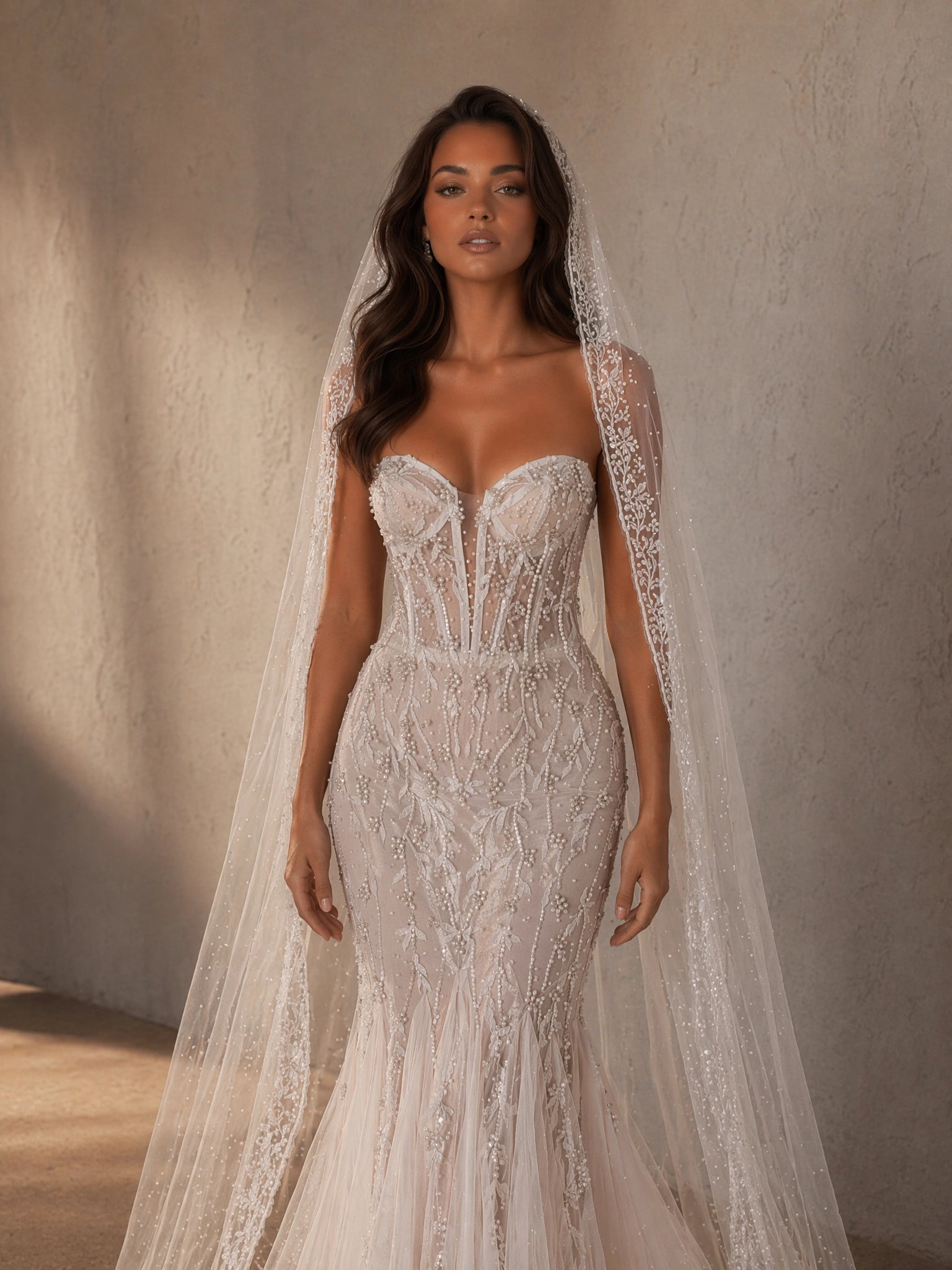 BOLODOO Ivory Branch Crystal Beaded Sheer Boned Corset Mermaid Wedding Gown - full length front view with lace-edge glitter tulle cape train
