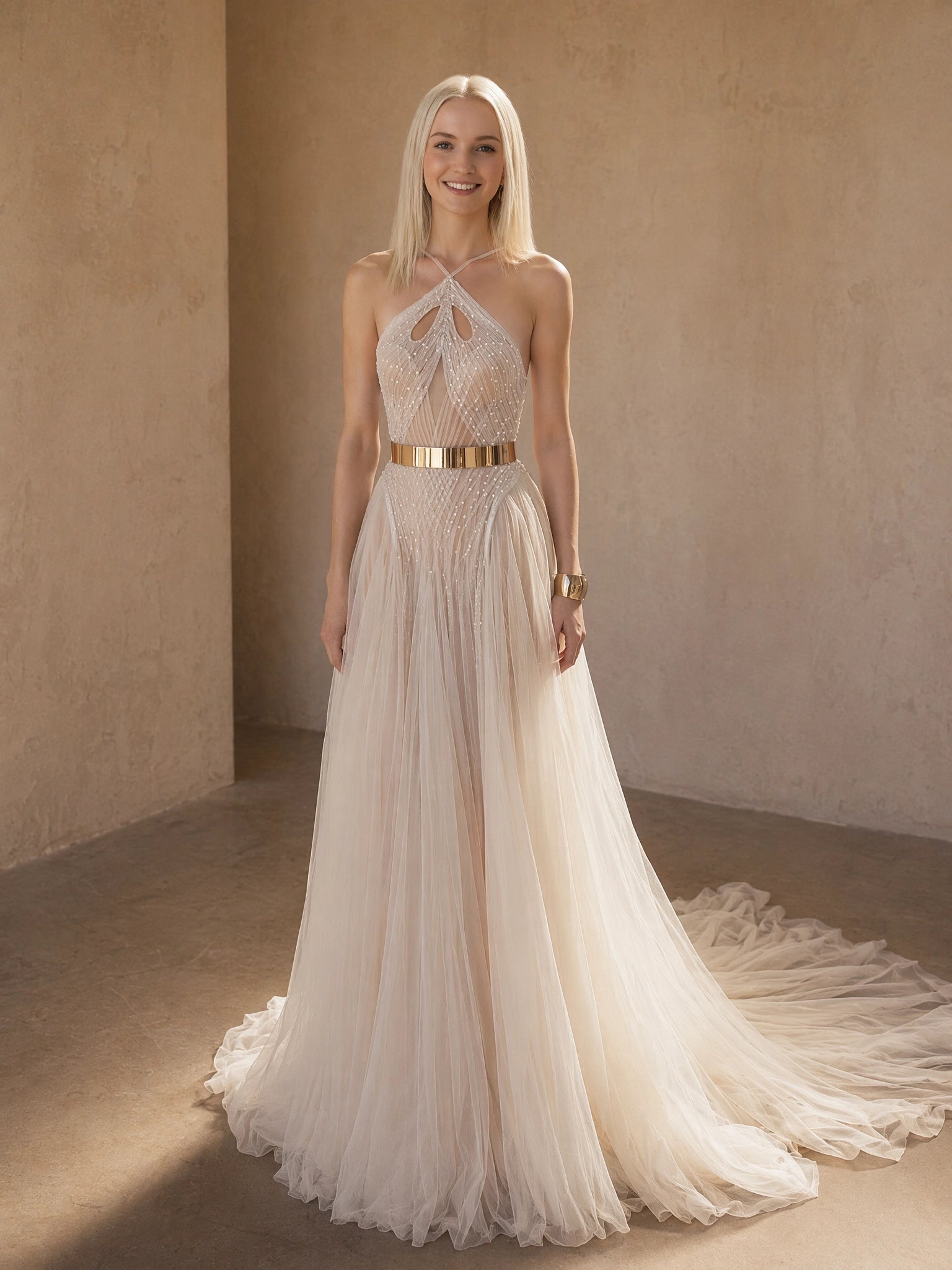 BOLODOO Champagne Halter Neck Crossover Keyhole Crystal Beaded Sheer Tulle A-Line Wedding Gown - full front view with gold metal belt