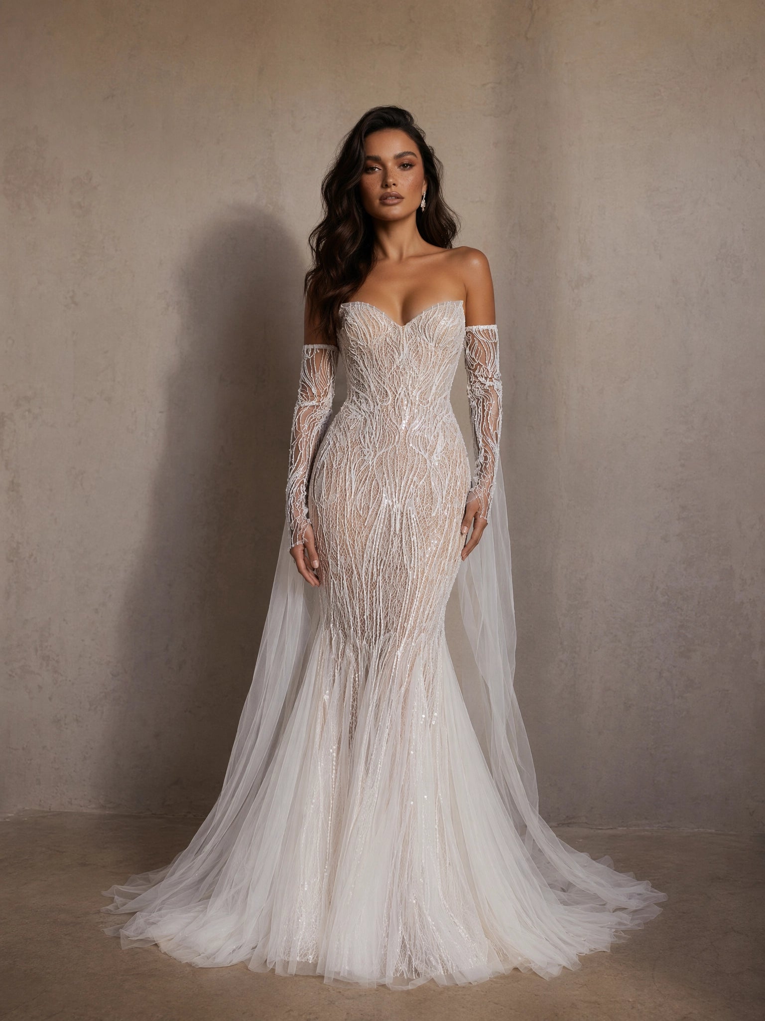 BOLODOO Ivory Branch Crystal Beaded Sheer Mermaid Wedding Gown - full front view with detachable beaded glove sleeves and tulle train