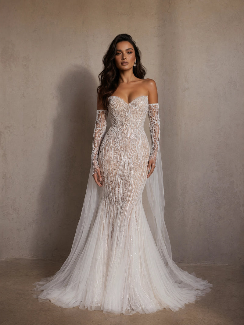 BOLODOO Ivory Branch Crystal Beaded Sheer Mermaid Wedding Gown - full front view with detachable beaded glove sleeves and tulle train