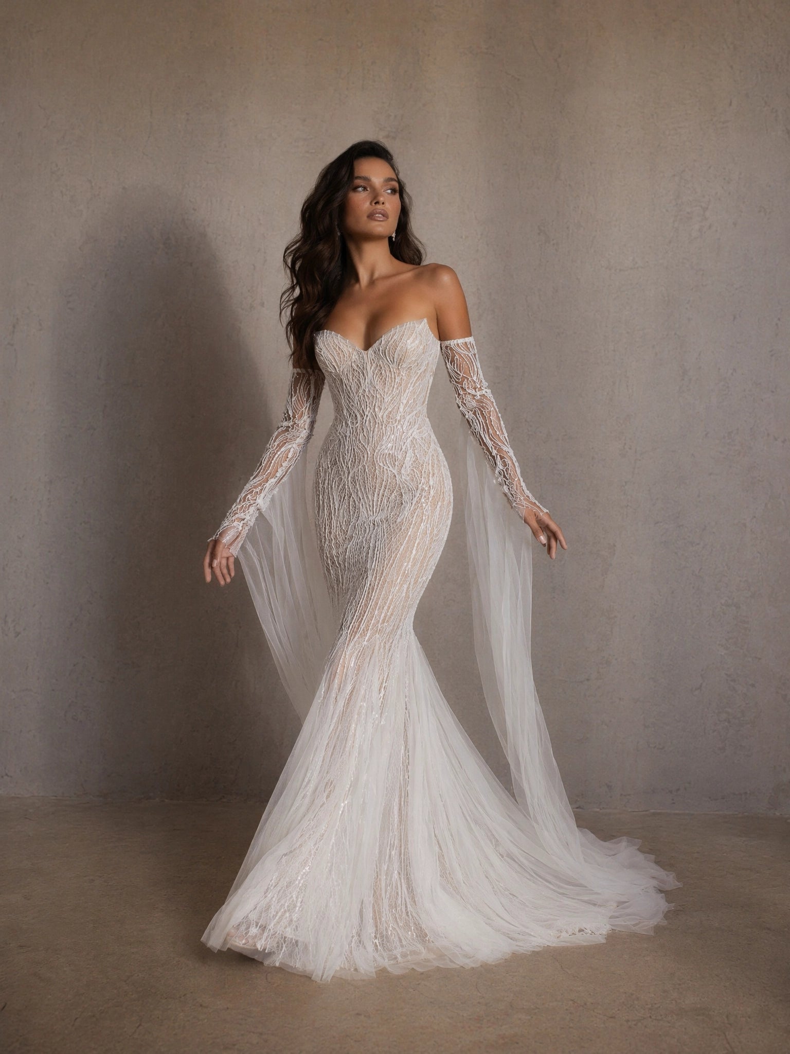 BOLODOO Ivory Branch Crystal Beaded Sheer Mermaid Wedding Gown - front view 2 with beaded glove sleeves and sweeping tulle train